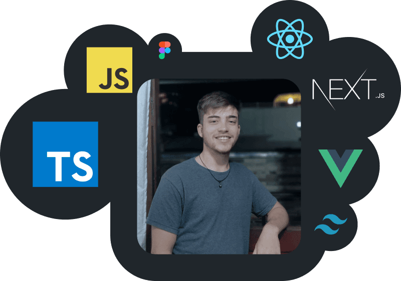 Imagem do Roberto Fernandes com símbolos por volta, referente à linguagens e frameworks front end